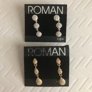 ROMAN Earrings Set/ 2 Gold/Silver Pave Dangle NWT